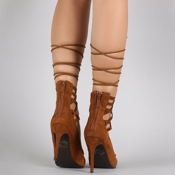 HOT🔥 Tan Strappy Lace Up Pointed Toe Cuff High Heel Stiletto Pumps Faux Suede - Picture 4 of 7
